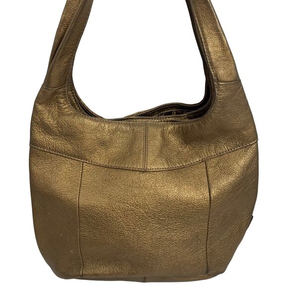 TIGNANELLO Metallic Bronze Leather Hobo Bucket Shoulder Bag + Keychain, Wallet - Picture 4 of 14